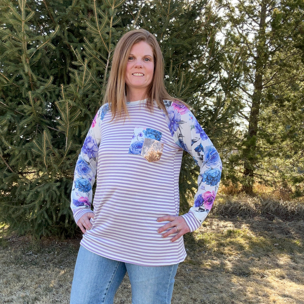 Floral Striped Print Pocket Top