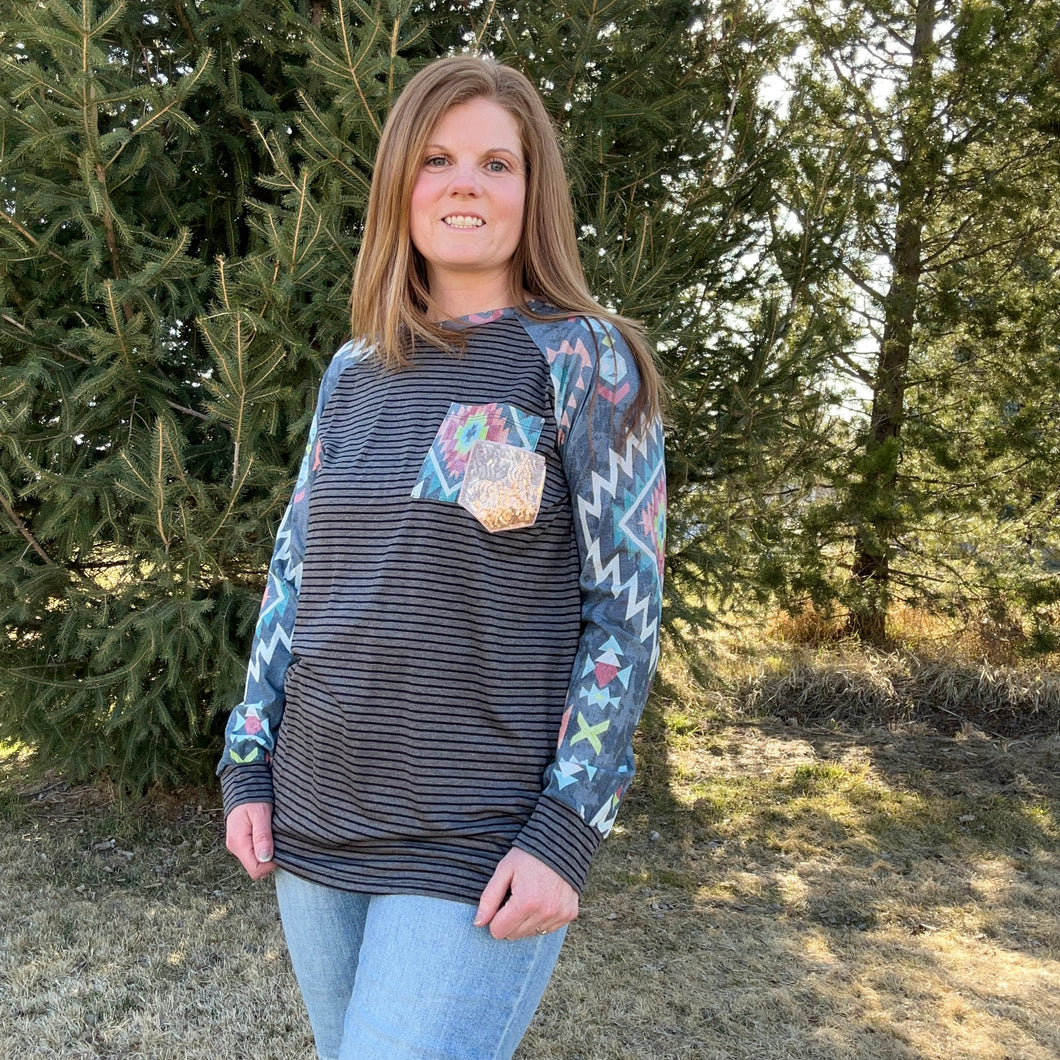 Aztec-Striped Sequin Pocket Top