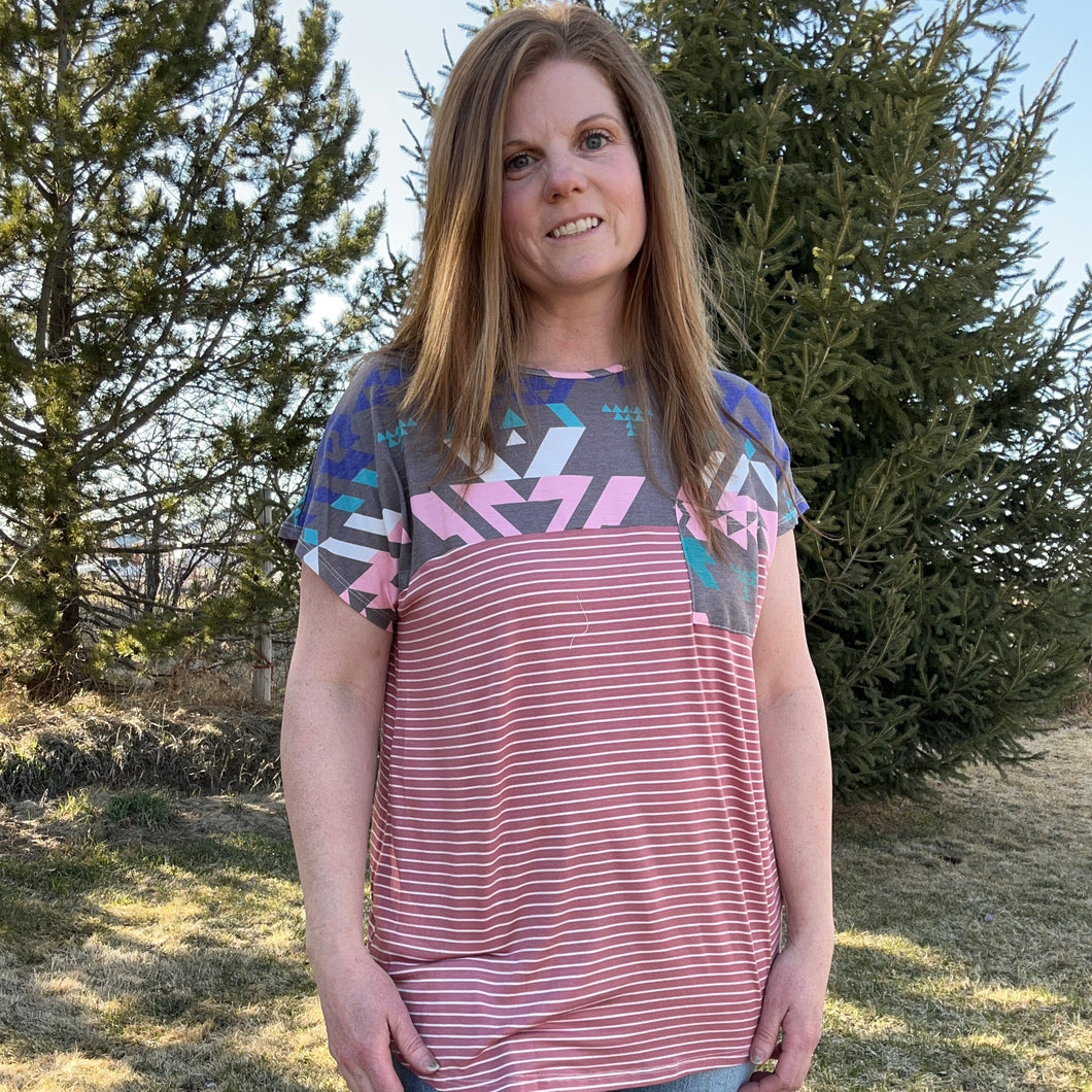 Geo Print Striped Pocket Top