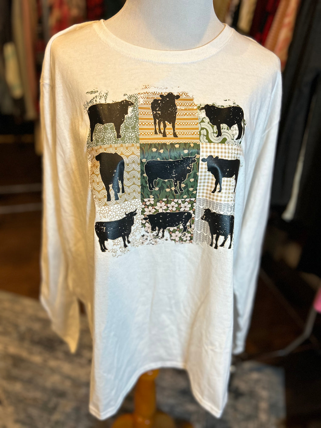 White Long Sleeve Cow Print Graphic T