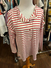 Load image into Gallery viewer, Red &amp; White Stripe Ruffle Sleeve Henley
