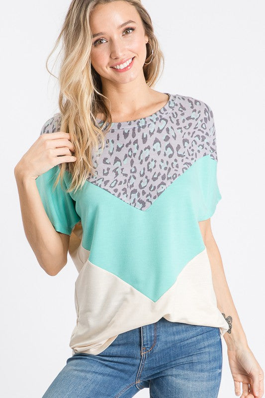 Animal Print Chevron Color Block Top