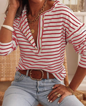Load image into Gallery viewer, Red &amp; White Stripe Ruffle Sleeve Henley

