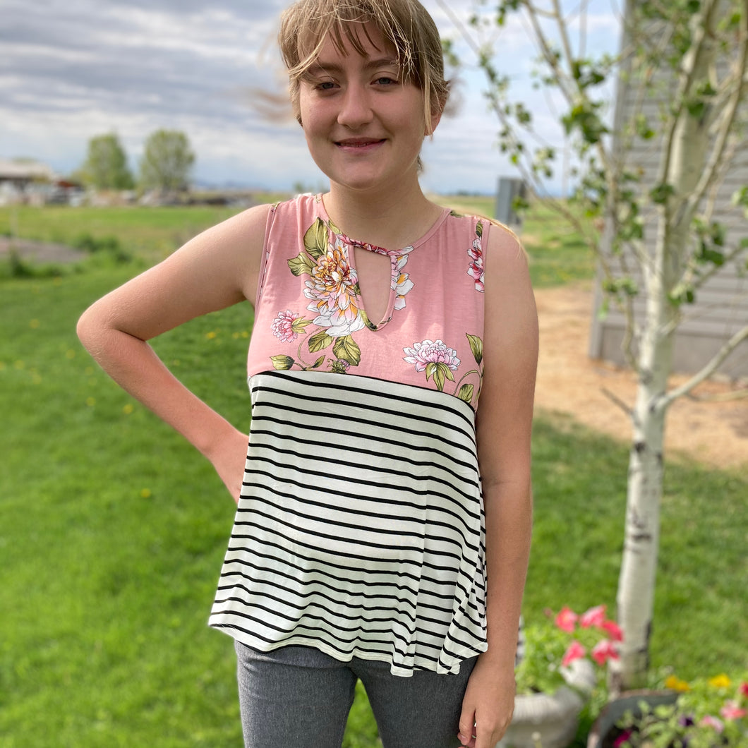 Floral Striped Keyhole Tank