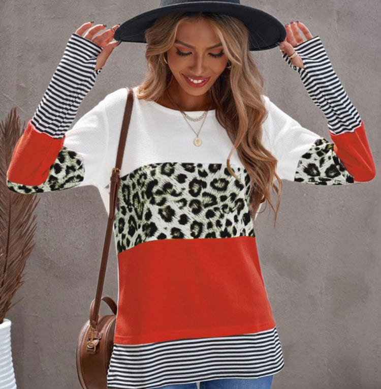 Orange Leopard Colorblock Top